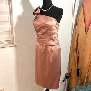Cachet, Rose Gold Embellished One-Shoulder Dress, Side Zip, Ribboned Waist, 16